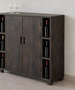 Tủ Rượu Mini TRM34 - Kệ Mở Hai Bên Hông Thân Giữa Hai Cánh, Gỗ Thông Màu Gỗ Cháy