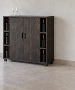 Tủ Rượu Mini TRM34 - Kệ Mở Hai Bên Hông Thân Giữa Hai Cánh, Gỗ Thông Màu Gỗ Cháy