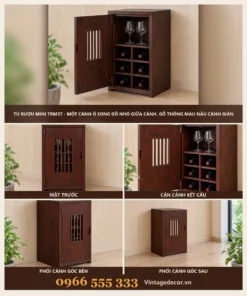 Tủ Rượu Mini TRM37 - Một Cánh Ô Song Gỗ Nhỏ Giữa Cánh, Gỗ Thông Màu Nâu Cánh Gián