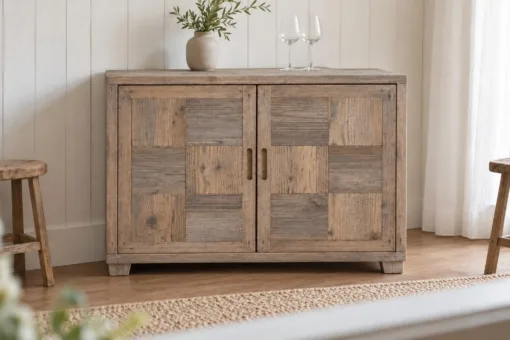 Tủ Rượu Mini TRM38 - Hai Cánh Mặt Ván Ghép Ô Bàn Cờ, Gỗ Thông Màu Vintage