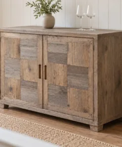 Tủ Rượu Mini TRM38 - Hai Cánh Mặt Ván Ghép Ô Bàn Cờ, Gỗ Thông Màu Vintage