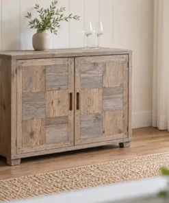 Tủ Rượu Mini TRM38 - Hai Cánh Mặt Ván Ghép Ô Bàn Cờ, Gỗ Thông Màu Vintage