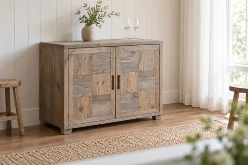 Tủ Rượu Mini TRM38 - Hai Cánh Mặt Ván Ghép Ô Bàn Cờ, Gỗ Thông Màu Vintage