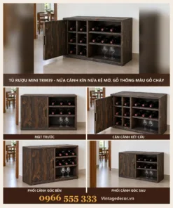 Tủ Rượu Mini TRM39 - Nửa Cánh Kín Nửa Kệ Mở, Gỗ Thông Màu Gỗ Cháy