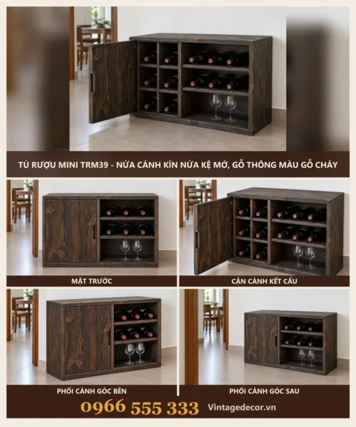 Tủ Rượu Mini TRM39 - Nửa Cánh Kín Nửa Kệ Mở, Gỗ Thông Màu Gỗ Cháy
