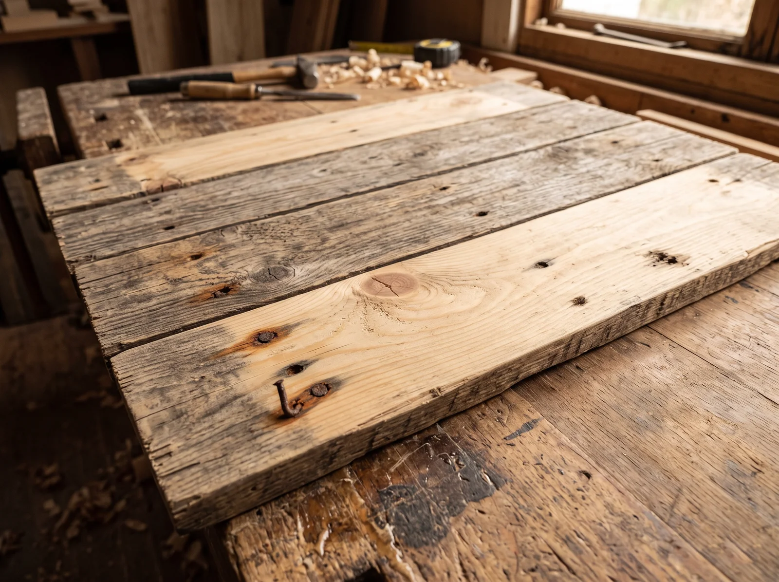 Mấy tấm ván gỗ thông tháo từ pallet cũ trên bàn thợ, còn mắt gỗ, lỗ đinh và vết bạc màu