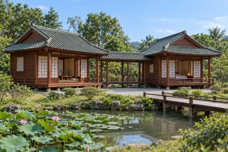 Hai nhà gỗ kiểu Nhật bên hồ sen có cầu gỗ