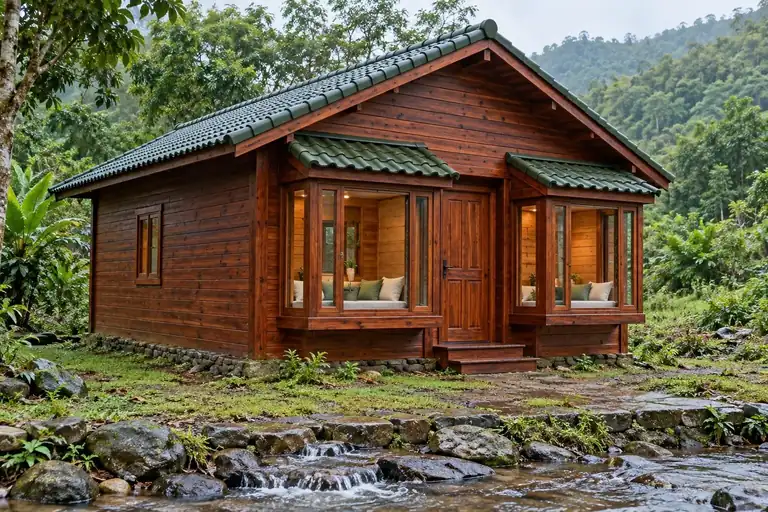 Bungalow gỗ cạnh suối, hiên kính nhìn ra vườn
