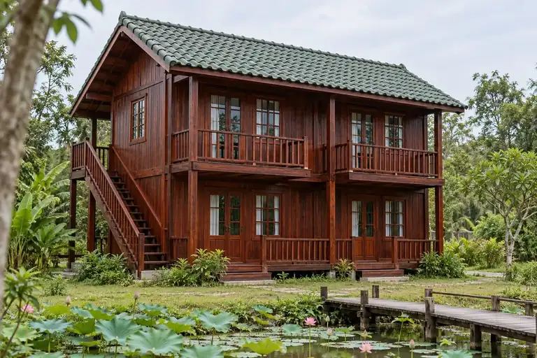 Homestay gỗ hai tầng trên hồ sen có cầu dẫn
