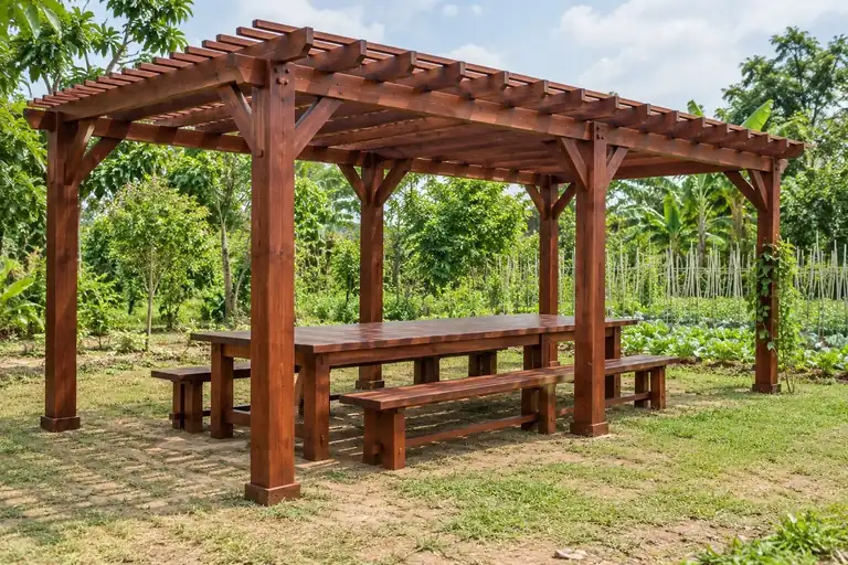 Giàn pergola gỗ che bàn ăn dài ngoài vườn