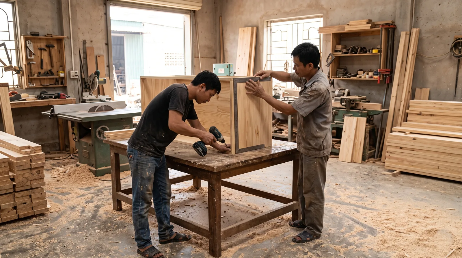 Hai thợ trong xưởng mộc đang bắt vít ghép một thùng gỗ trên bàn thợ, ván gỗ xếp chồng và máy cưa phía sau