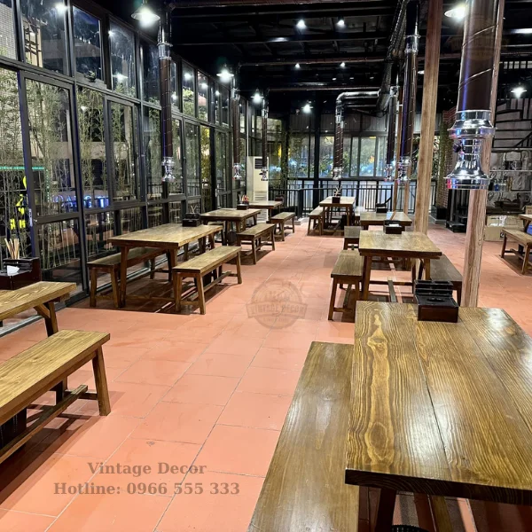 Bàn gỗ thông - ghế băng dài 6